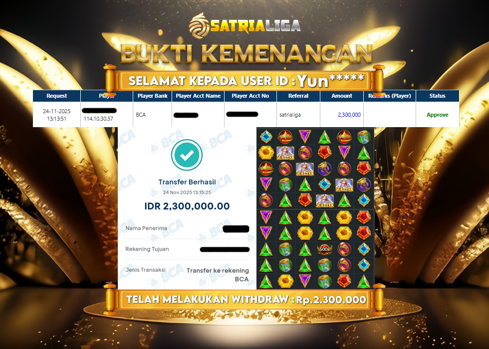BUKTI KEMENANGAN MEMBER SATRIALIGA Rp 2.300.000