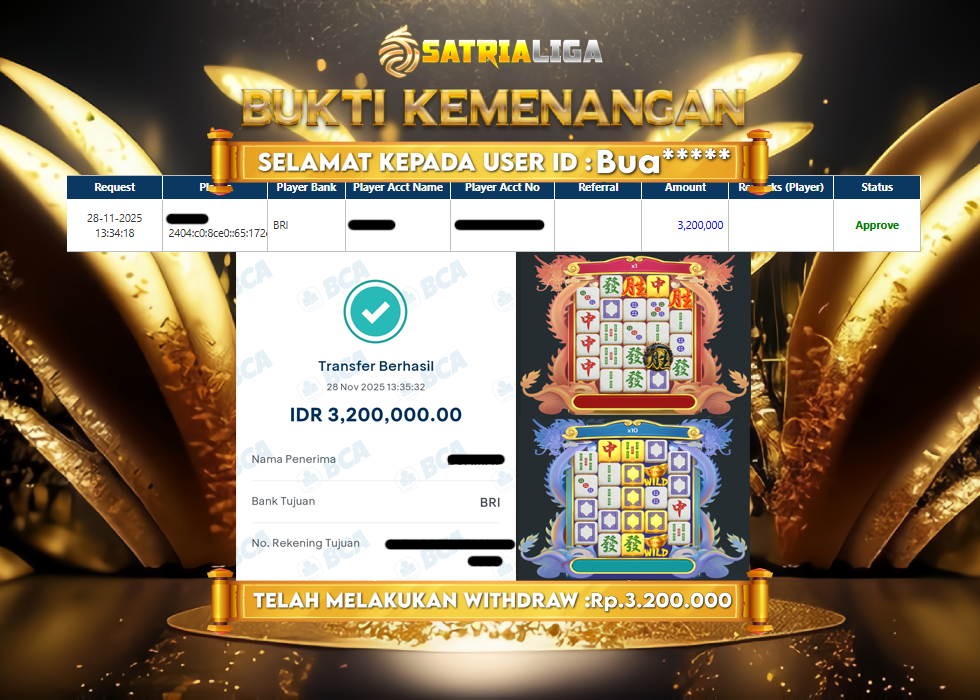 BUKTI KEMENANGAN MEMBER SATRIALIGA Rp 3.200.000