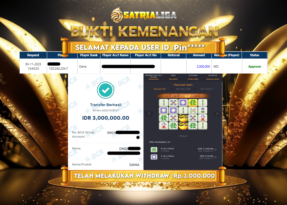 BUKTI KEMENANGAN MEMBER SATRIALIGA Rp 3.000.000