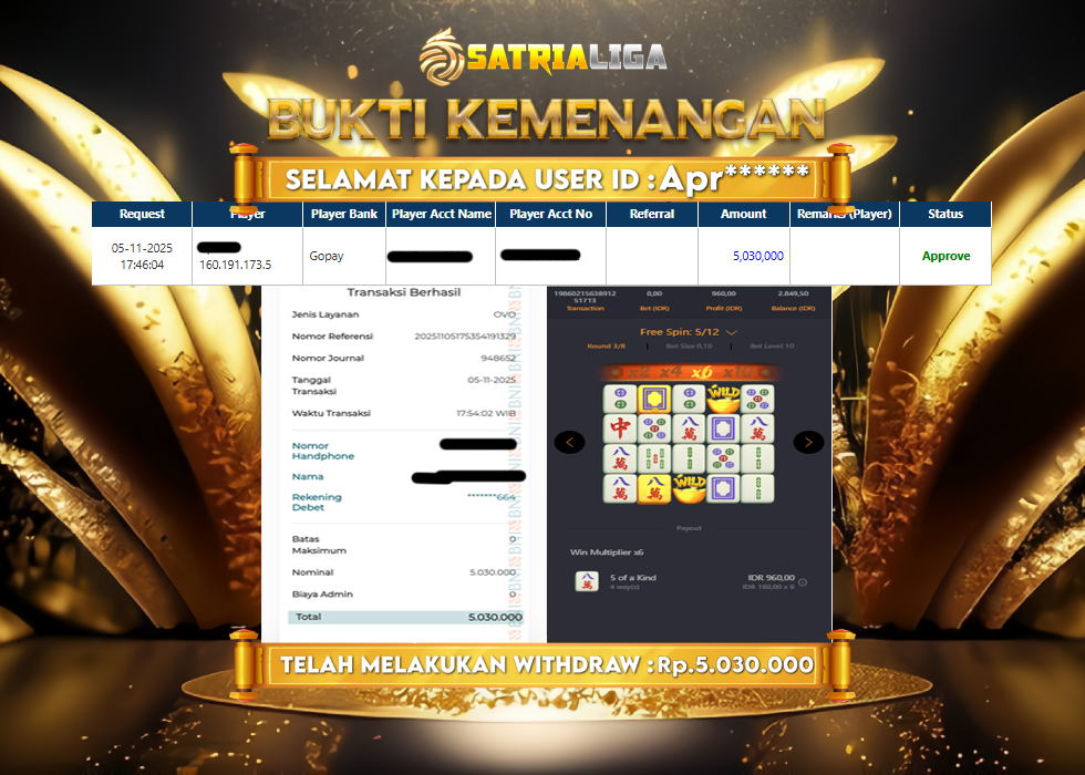 BUKTI KEMENANGAN MEMBER SATRIALIGA Rp 5.030.000