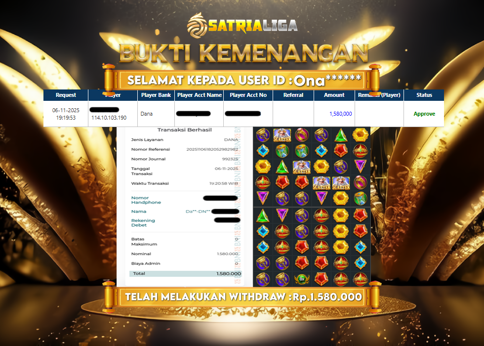 BUKTI KEMENANGAN MEMBER SATRIALIGA Rp 1.580.000