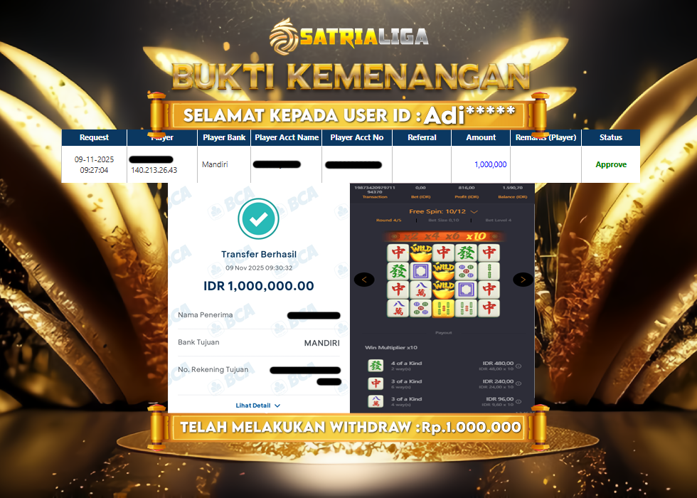 BUKTI KEMENANGAN MEMBER SATRIALIGA Rp 1.000.000