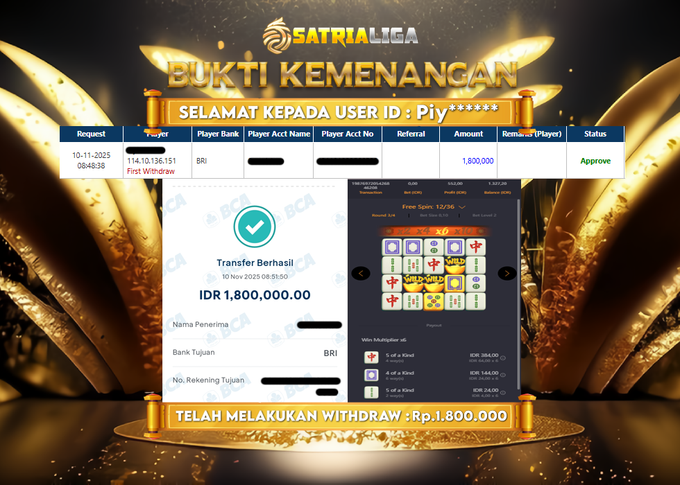 BUKTI KEMENANGAN MEMBER SATRIALIGA Rp 1.800.000