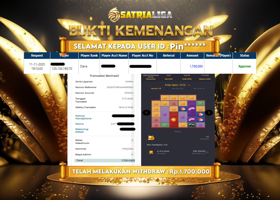 BUKTI KEMENANGAN MEMBER SATRIALIGA Rp 1.700.000