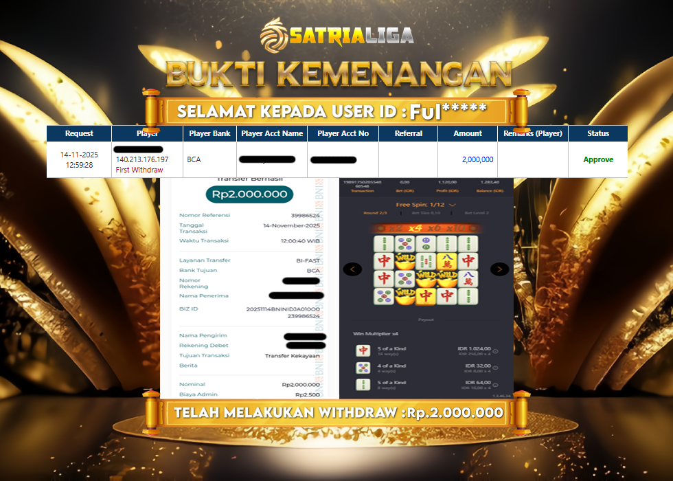 BUKTI KEMENANGAN MEMBER SATRIALIGA Rp 2.000.000