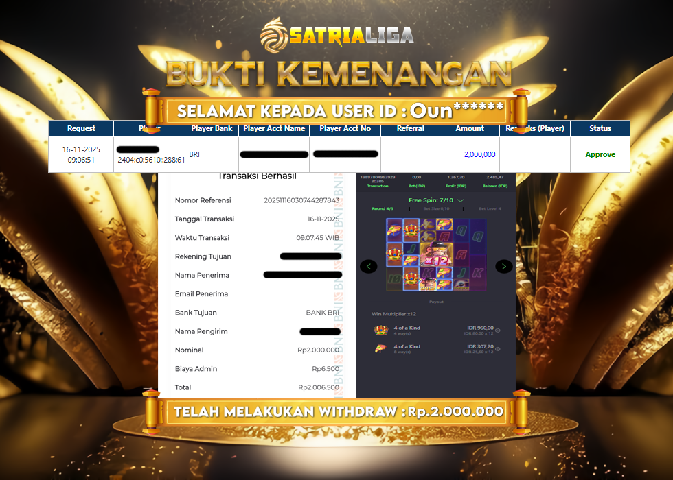 BUKTI KEMENANGAN MEMBER SATRIALIGA Rp 2.000.000