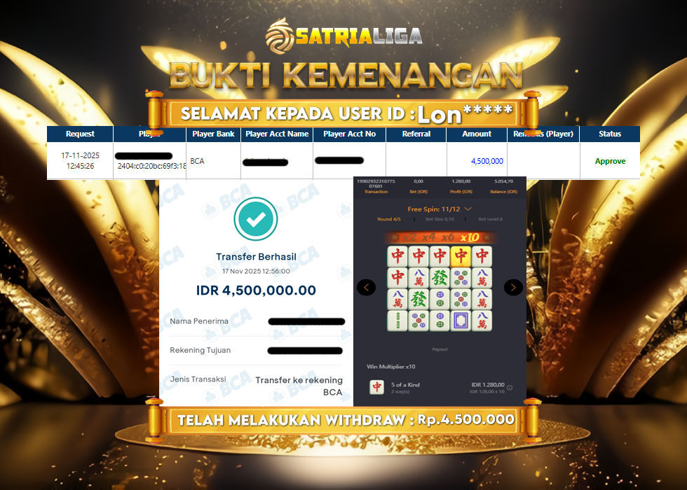 BUKTI KEMENANGAN MEMBER SATRIALIGA Rp 4.500.000