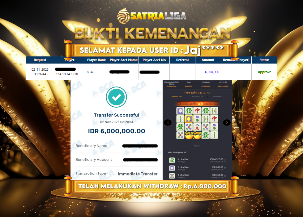 BUKTI KEMENANGAN MEMBER SATRIALIGA Rp 6.000.000