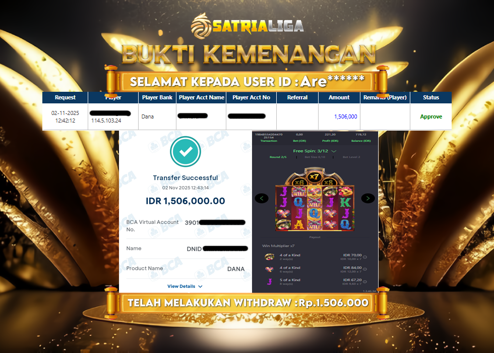 BUKTI KEMENANGAN MEMBER SATRIALIGA Rp 1.506.000