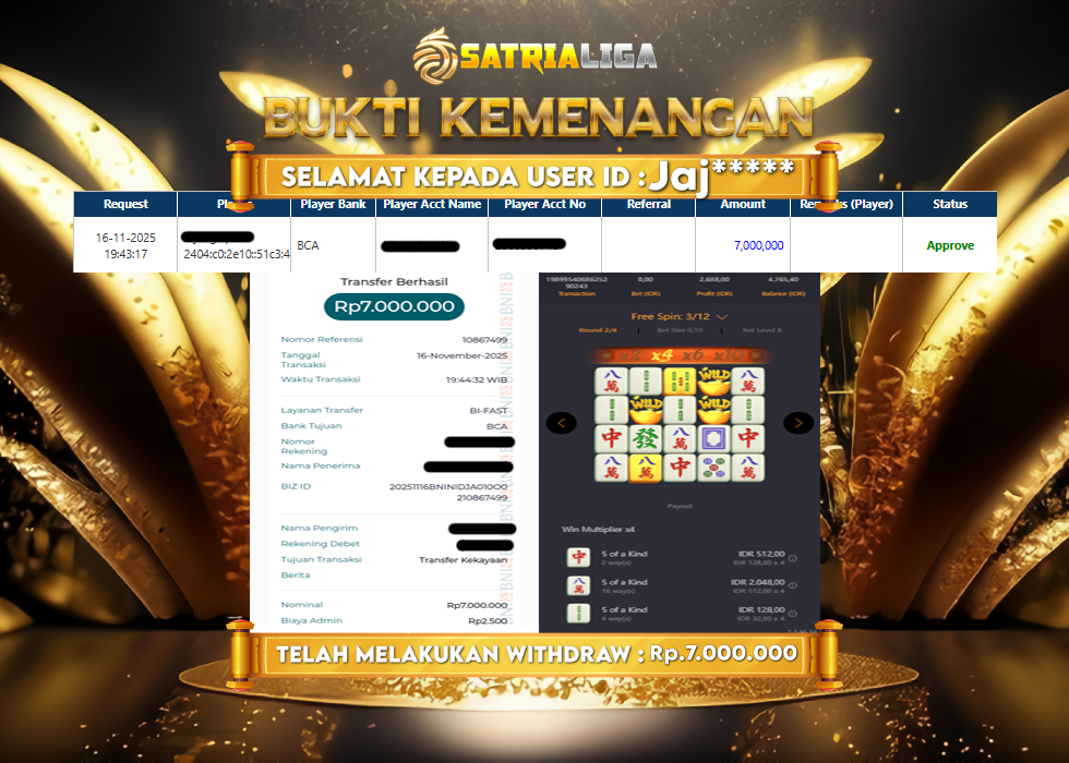 BUKTI KEMENANGAN MEMBER SATRIALIGA Rp 7.000.000