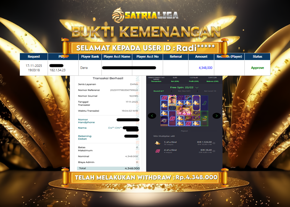 BUKTI KEMENANGAN MEMBER SATRIALIGA Rp 4.348.000