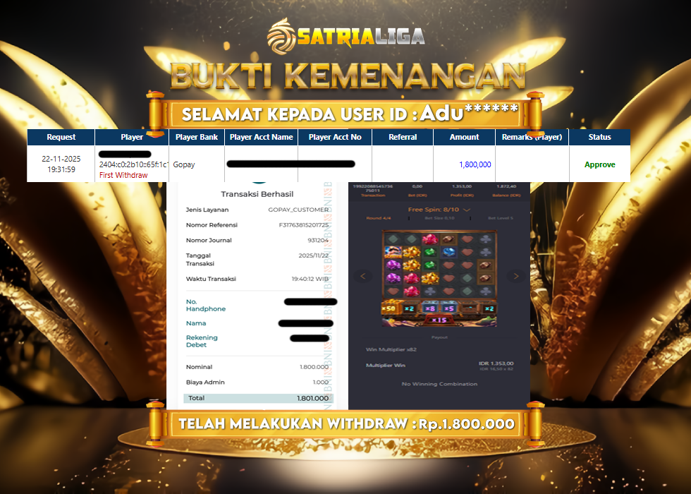 BUKTI KEMENANGAN MEMBER SATRIALIGA Rp 1.800.000