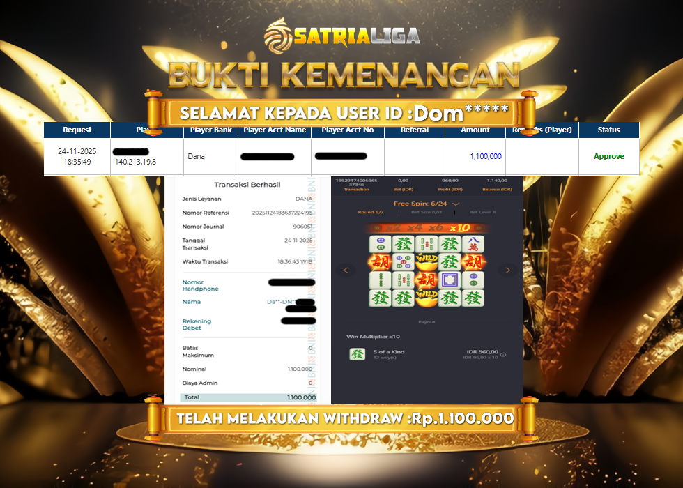 BUKTI KEMENANGAN MEMBER SATRIALIGA Rp 1.100.000
