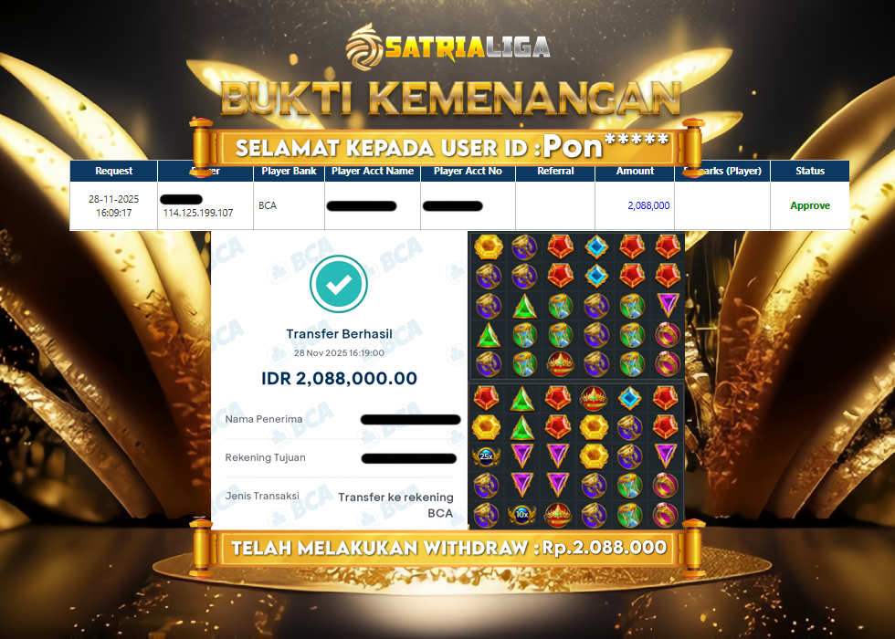 BUKTI KEMENANGAN MEMBER SATRIALIGA Rp 2.088.000