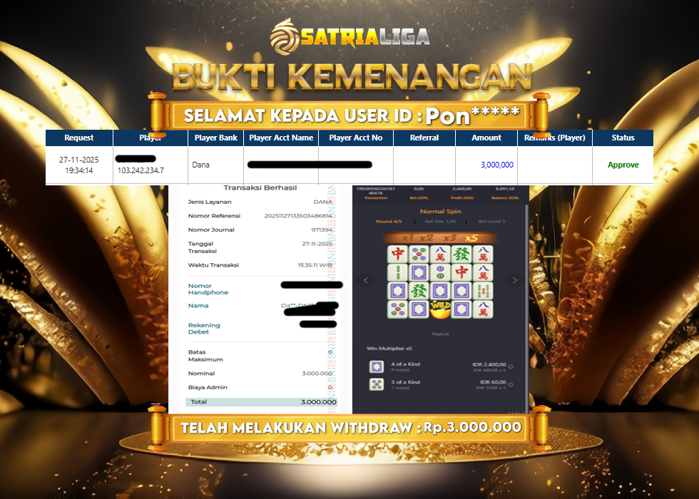 BUKTI KEMENANGAN MEMBER SATRIALIGA Rp 3.000.000