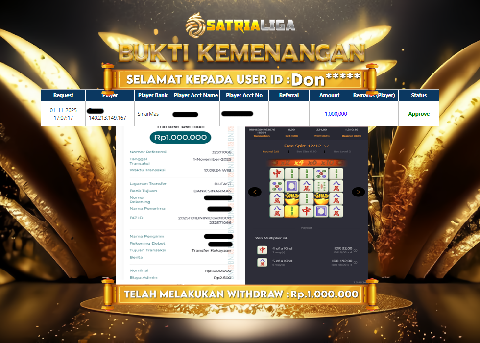 BUKTI KEMENANGAN MEMBER SATRIALIGA Rp 1.000.000