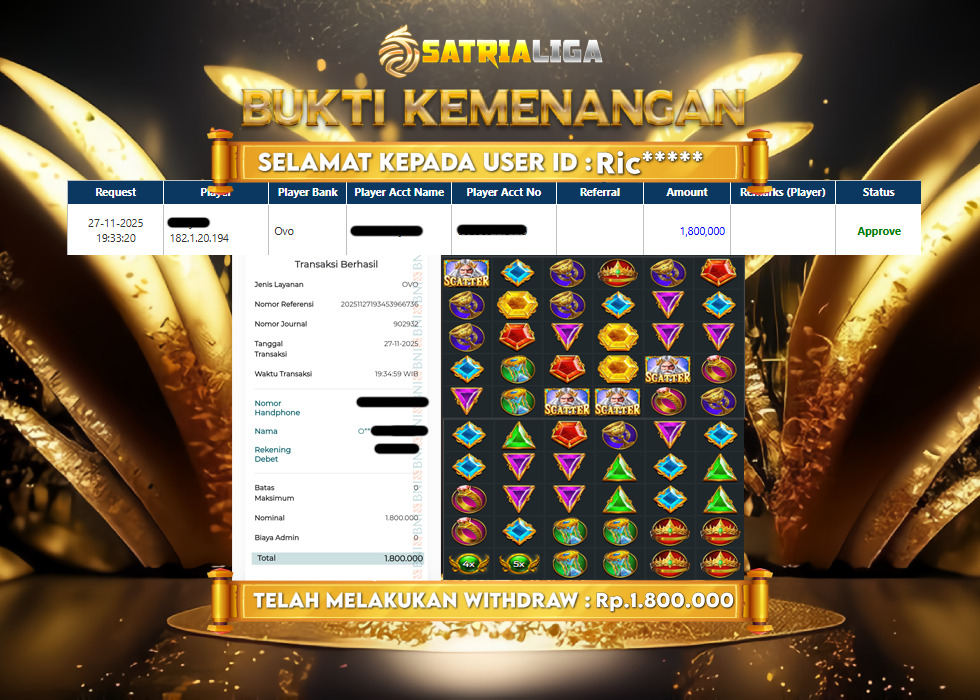 BUKTI KEMENANGAN MEMBER SATRIALIGA Rp 1.800.000