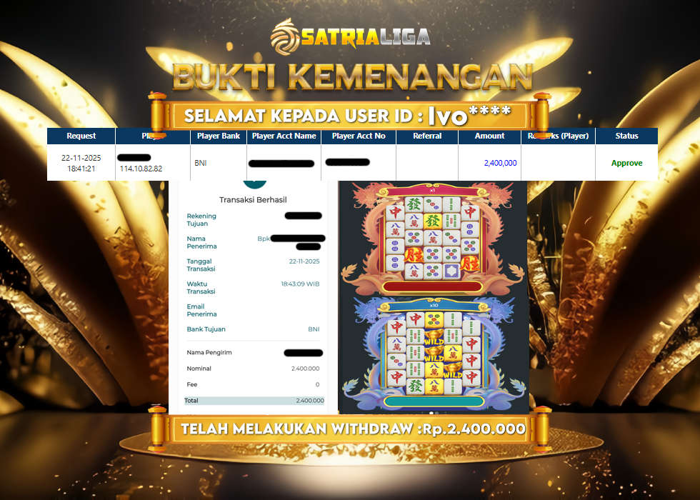 BUKTI KEMENANGAN MEMBER SATRIALIGA Rp 2.400.000