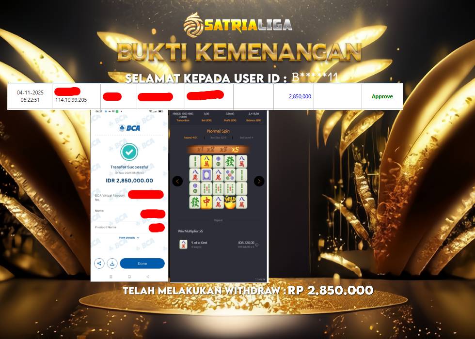 BUKTI KEMENANGAN MEMBER SATRIALIGA Rp 2.850.000