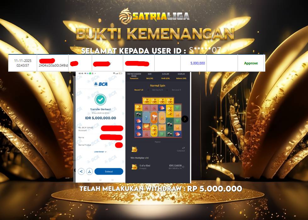 BUKTI KEMENANGAN MEMBER SATRIALIGA Rp 5.000.000