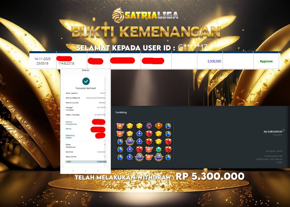 BUKTI KEMENANGAN MEMBER SATRIALIGA Rp 5.300.000