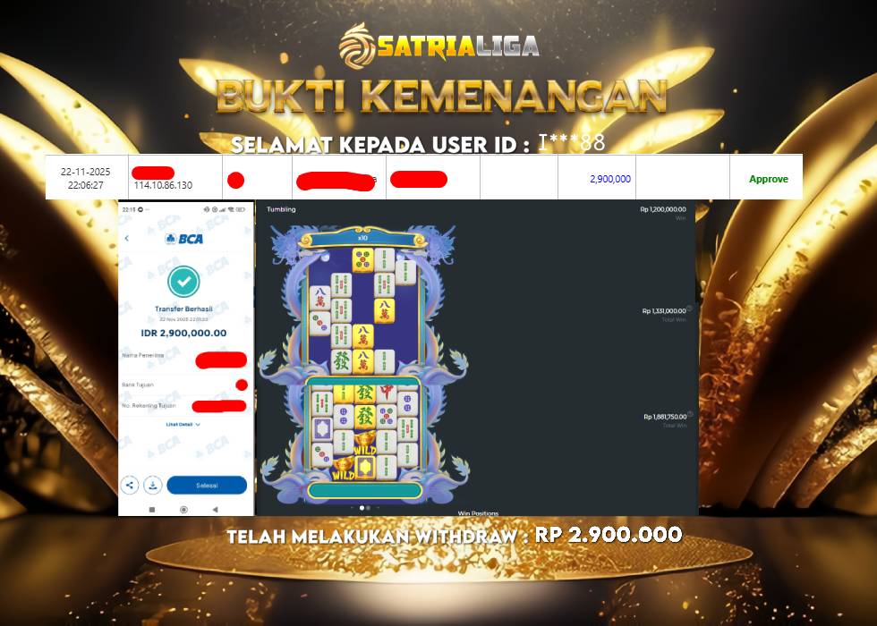 BUKTI KEMENANGAN MEMBER SATRIALIGA Rp 2.900.000
