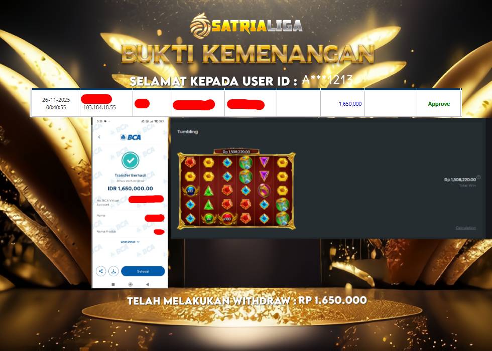 BUKTI KEMENANGAN MEMBER SATRIALIGA Rp. 1.650.000