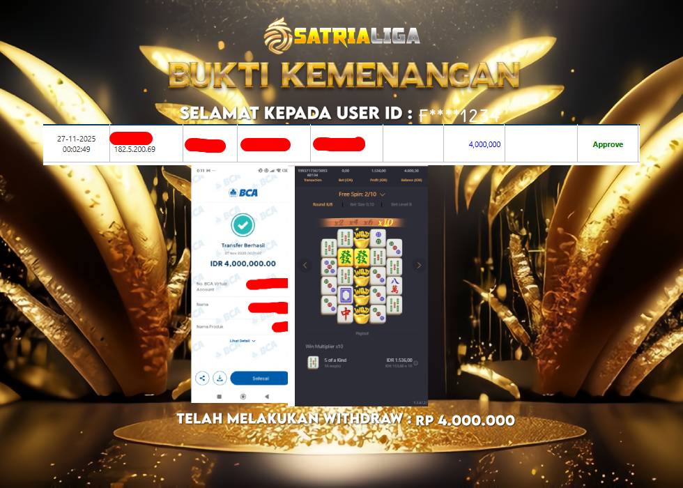 BUKTI KEMENANGAN MEMBER SATRIALIGA Rp 4.000.000