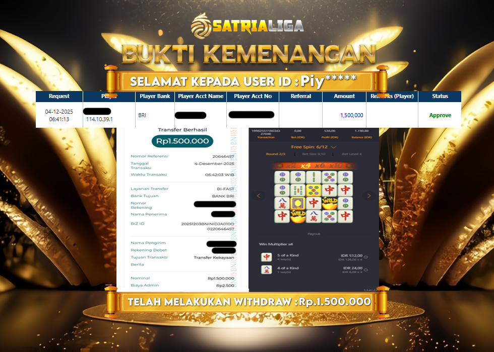 BUKTI KEMENANGAN MEMBER SATRIALIGA Rp 1.000.000