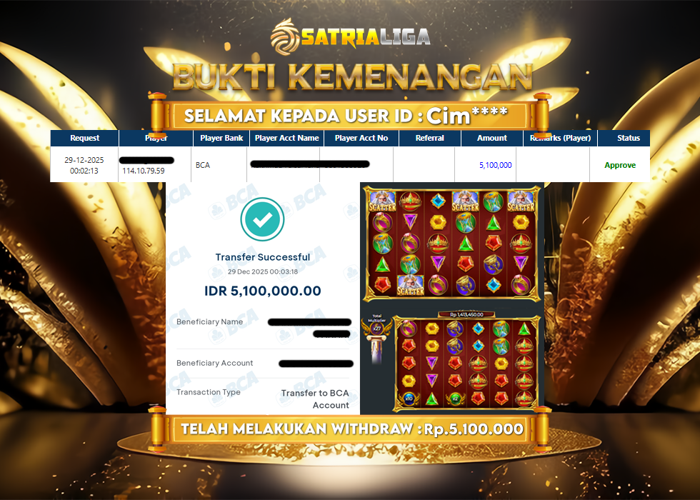 BUKTI KEMENANGAN MEMBER SATRIALIGA Rp 5.100.000