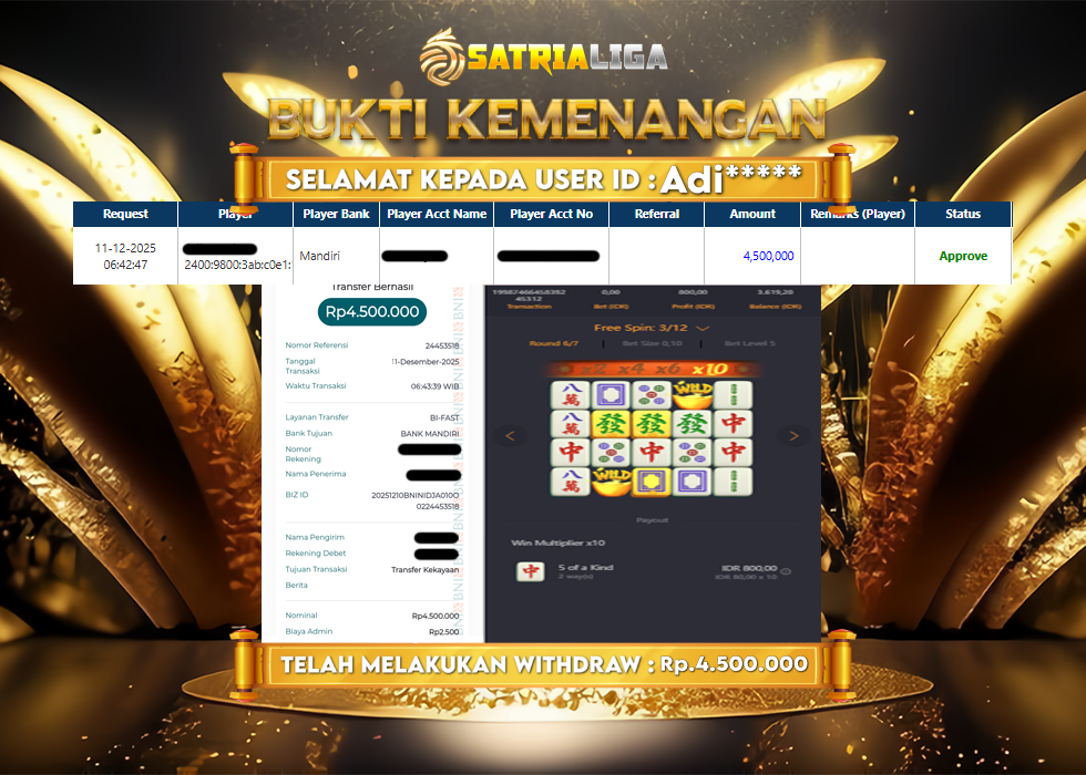 BUKTI KEMENANGAN MEMBER SATRIALIGA Rp 4.500.000