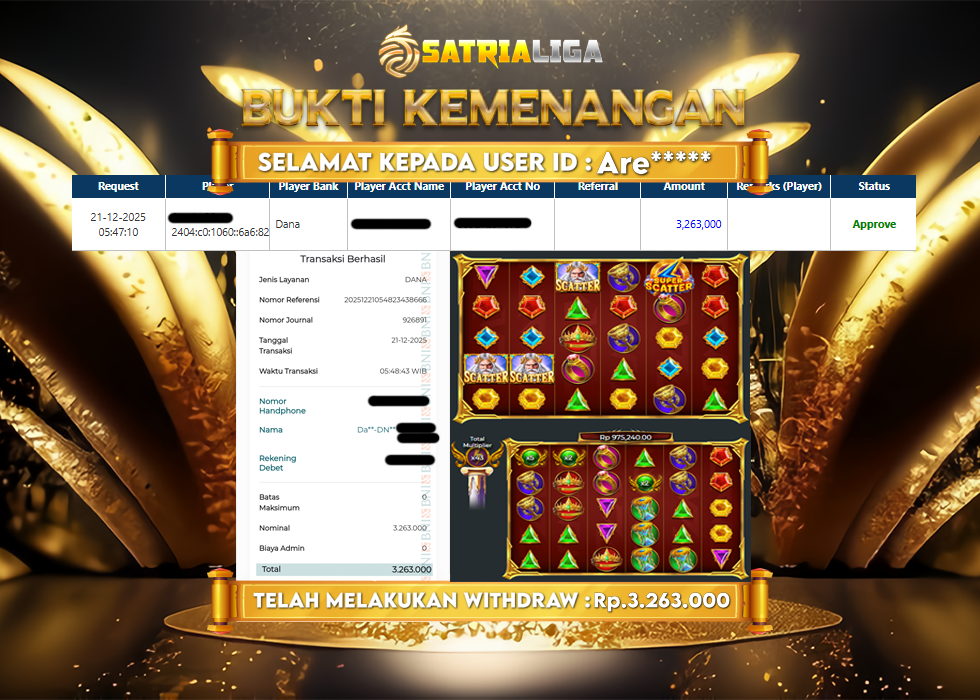 BUKTI KEMENANGAN MEMBER SATRIALIGA Rp 3.263.000
