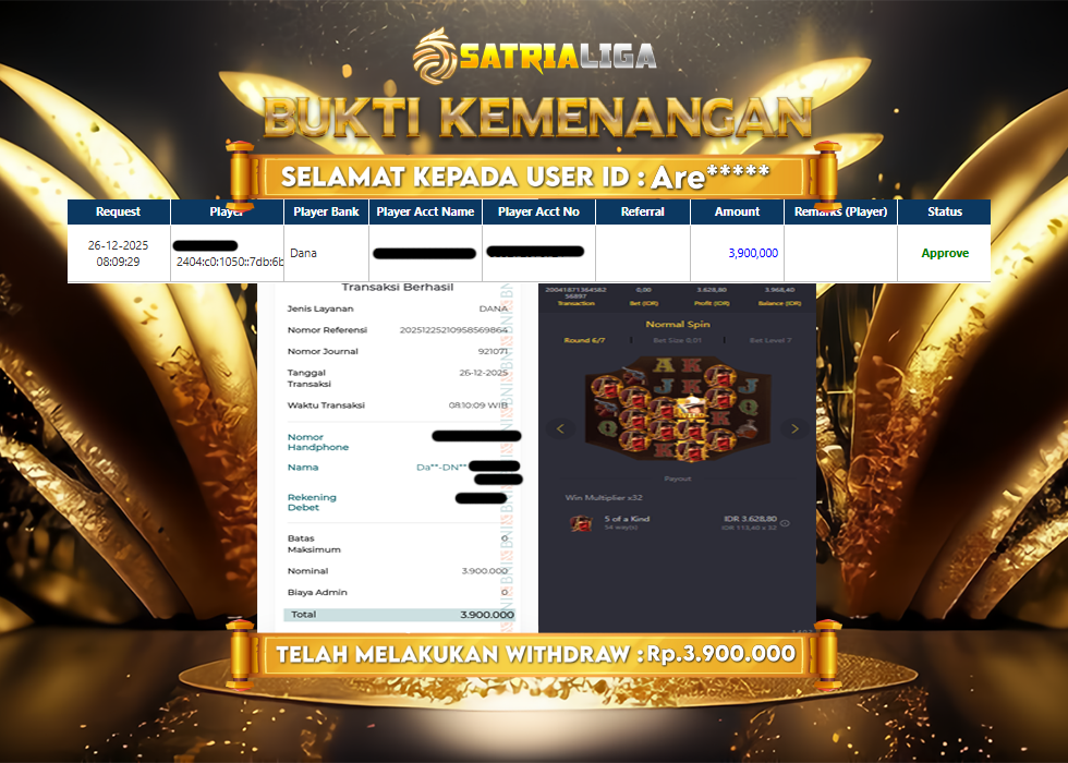 BUKTI KEMENANGAN MEMBER SATRIALIGA Rp 3.000.000