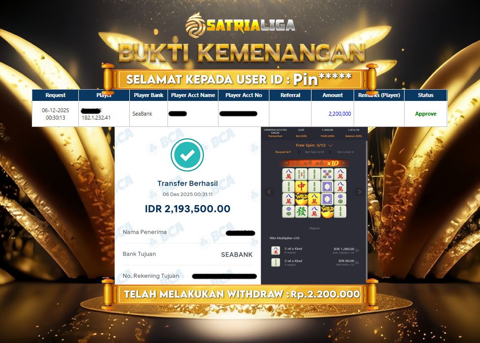 BUKTI KEMENANGAN MEMBER SATRIALIGA Rp 2.200.000