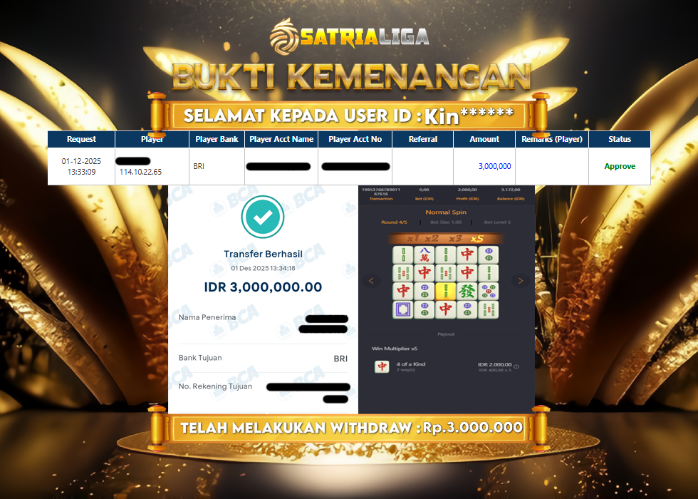 BUKTI KEMENANGAN MEMBER SATRIALIGA Rp 3.000.000