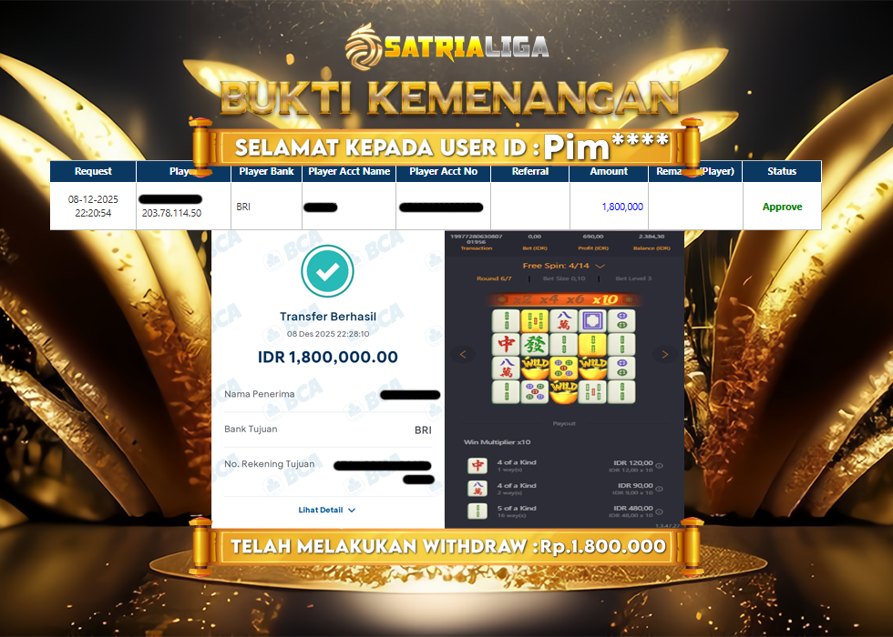 BUKTI KEMENANGAN MEMBER SATRIALIGA Rp 1.800.000