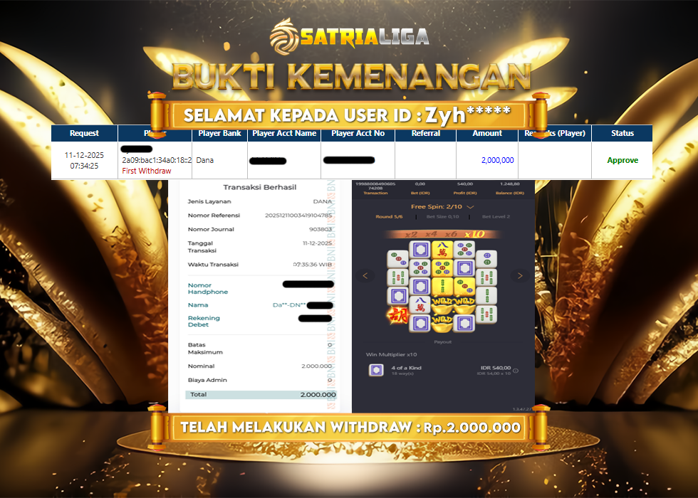 BUKTI KEMENANGAN MEMBER SATRIALIGA Rp 2.000.000