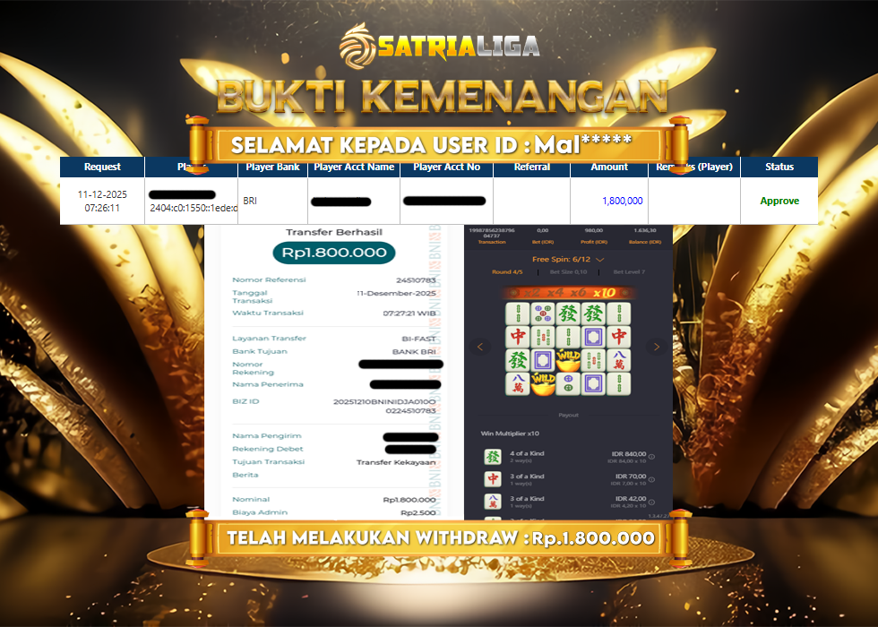 BUKTI KEMENANGAN MEMBER SATRIALIGA Rp 1.800.000